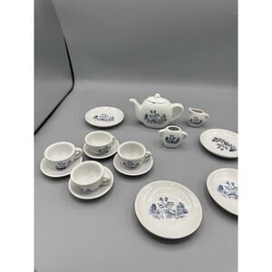 Vintage Miniature Blue White Tea Set Doll Child Size Porcelain 14 Pc READ